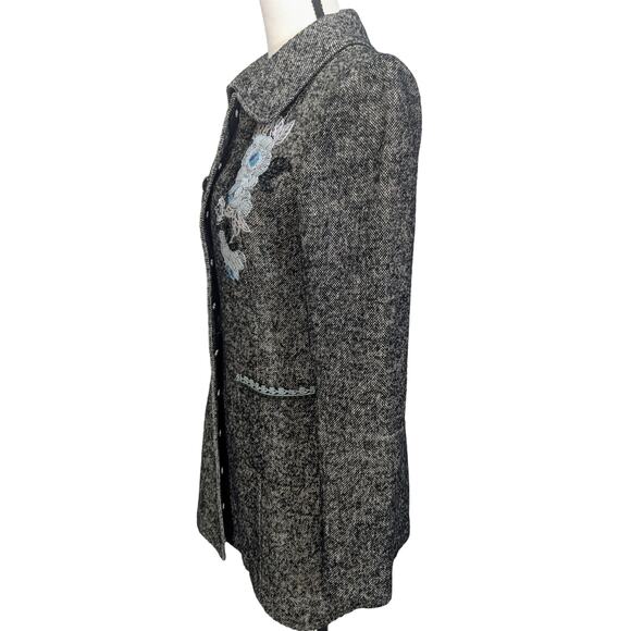 Chaber Wool Mulberry Silk Embroidered Tweed Longline Coat Gray Blue Size S - Picture 5 of 12